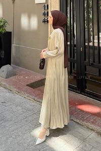 Lamelif Broş Detaylı Tesettür Elbise Vizonrengi