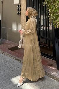 Lamelif Broş Detaylı Tesettür Elbise Yağ Yeşili