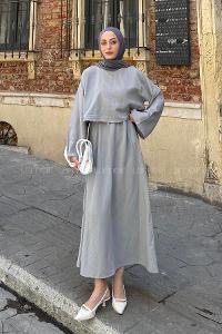 Lamelif Etekli Tesettür Takım Açık Gri
