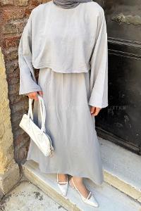 Lamelif Etekli Tesettür Takım Açık Gri