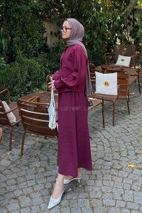 Claret Red Crew Neck Long Arm Polyester Flare Suit