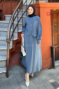 Lamelif Etekli Tesettür Takım İndigo