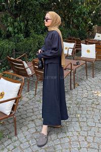 Lamelif Etekli Tesettür Takım Siyah