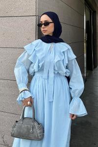 Lamelif Fırfırlı Gömlek-Etek Tesettür Takım Bebe Mavisi