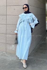 Lamelif Fırfırlı Gömlek-Etek Tesettür Takım Bebe Mavisi