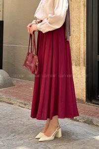 Lamelif Beli Lastikli Uzun Gofre Tesettür Etek Bordo