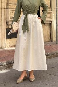 Lamelif Cep Detaylı Kloş Keten Etek Krem