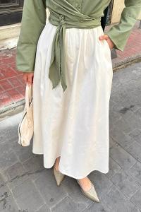 Lamelif Cep Detaylı Kloş Keten Etek Krem