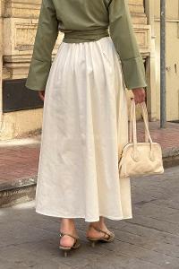 Lamelif Cep Detaylı Kloş Keten Etek Krem