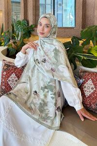 Lamelif Çiçek Desen Bambu Şal Çağla Yeşili