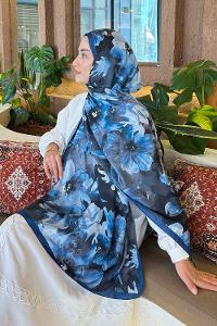 Lamelif Çiçek Desen Bambu Şal Gece Mavisi