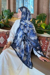 Lamelif Çiçek Desen Bambu Şal Lacivert