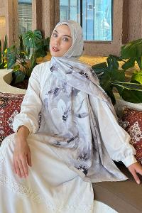 Lamelif Çiçek Desen Bambu Şal Vizon