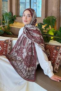 Lamelif Retro Desen Pamuk Şal Bordo