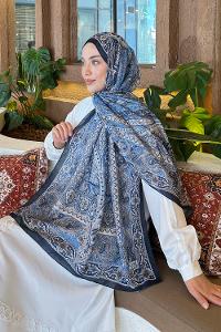 Lamelif Retro Desen Pamuk Şal Lacivert