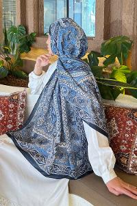 Lamelif Retro Desen Pamuk Şal Lacivert