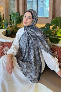 Lamelif Retro Desen Pamuk Şal Siyah-Vizon