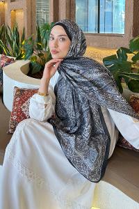 Lamelif Retro Desen Pamuk Şal Siyah-Vizon