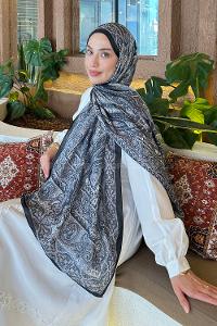 Lamelif Retro Desen Pamuk Şal Siyah-Vizon