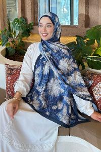 Navy Blue Cotton Fabric Flowering Printed Shawl