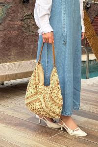 Lamelif  DESENLİ HASIR KOLKADIN ÇANTASI BEJ 