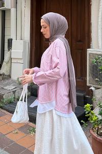 Lamelif Etek Parçalı Çizgili Gömlek Pembe