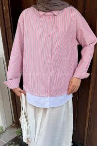 Lamelif Etek Parçalı Çizgili Gömlek Pembe