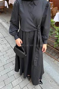 Lamelif Kuşaklı Terikoton Elbise Siyah