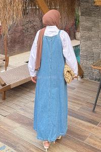 Lamelif Askılı Denim Salopet Elbise Mavi