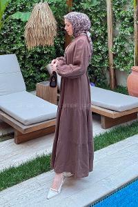 Lamelif Bel Büzgülü Tesettür Elbise  Acı Kahve