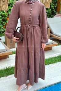 Lamelif Bel Büzgülü Tesettür Elbise  Acı Kahve