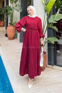 Lamelif Bel Büzgülü Tesettür Elbise  Bordo