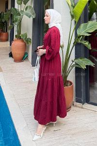 Lamelif Bel Büzgülü Tesettür Elbise  Bordo