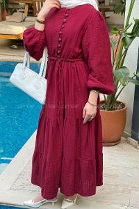 Lamelif Bel Büzgülü Tesettür Elbise  Bordo
