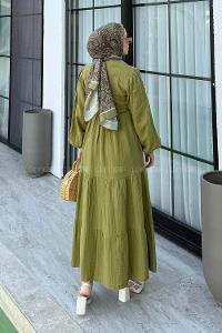 Lamelif Bel Büzgülü Tesettür Elbise Çağla Yeşili