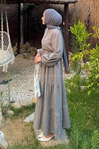 Lamelif Bel Büzgülü Tesettür Elbise  Gri
