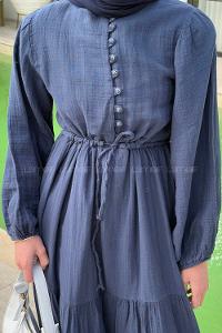 Lamelif Bel Büzgülü Tesettür Elbise  Lacivert