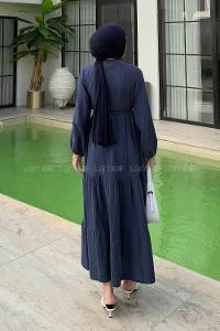 Lamelif Bel Büzgülü Tesettür Elbise  Lacivert
