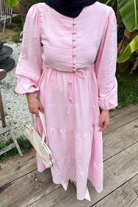 Lamelif Bel Büzgülü Tesettür Elbise  Pembe