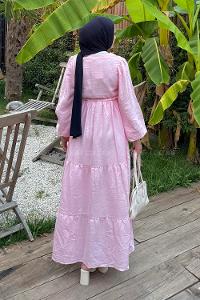 Lamelif Bel Büzgülü Tesettür Elbise  Pembe