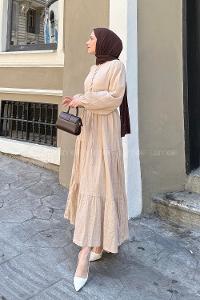 Lamelif Bel Büzgülü Tesettür Elbise  Sütlü Kahve