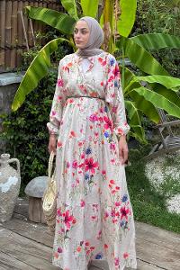 Lamelif Bohem Çiçek Desenli Tesettür Elbise Eflatun