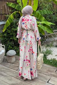 Lamelif Bohem Çiçek Desenli Tesettür Elbise Eflatun