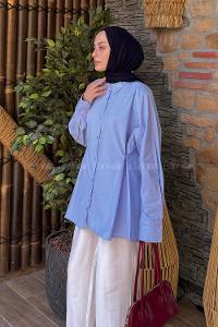 Lamelif Düğme Detaylı Tesettür Gömlek Mavi