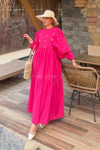 Fuchsia Crew Neck Cotton Printed Dresess