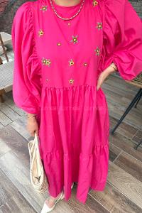 Fuchsia Crew Neck Cotton Printed Dresess