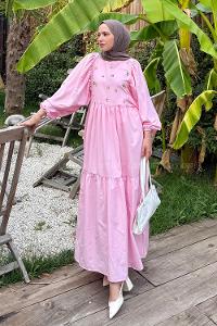 Candy Pink Crew Neck Cotton Printed Dresess