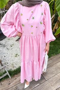 Candy Pink Crew Neck Cotton Printed Dresess