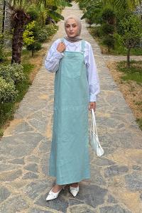 Lamelif Kanguru Cepli Tesettür Elbise Mint Yeşili