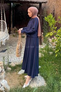 Navy Blue Shirt Collar Long Arm Cotton Lycra Flare Suit